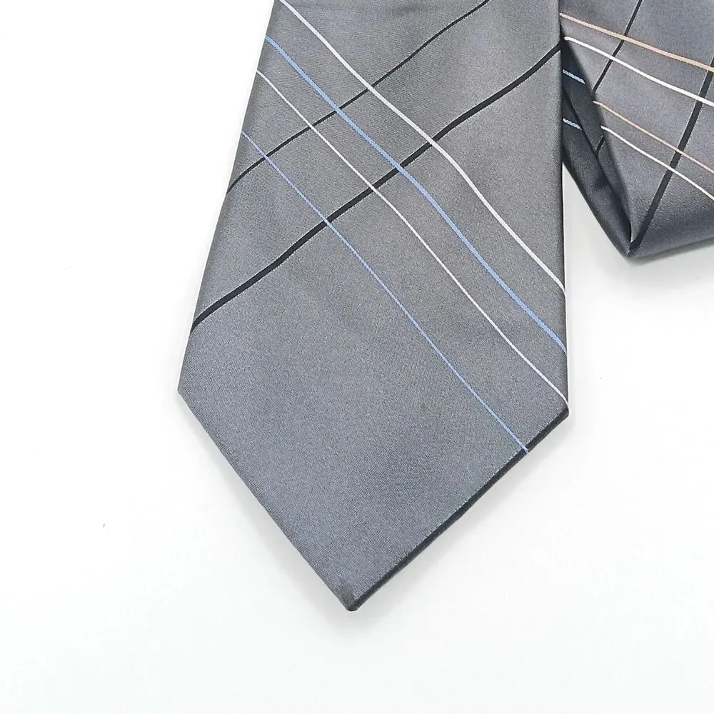 Perry Ellis Portfolio Silk Tie Mens 59.5” Gray Plaid Satin Designer Wide New